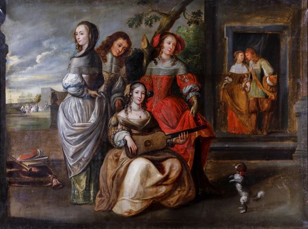 Scuola fiamminga del XVII secolo Concerto in giardino con scena galante