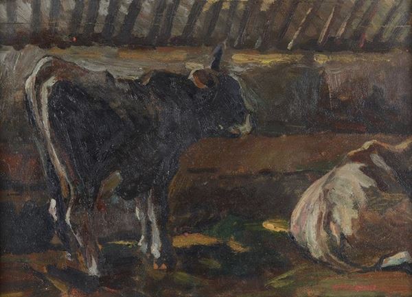 Pittore del XIX-XX secolo Mucche nella stalla