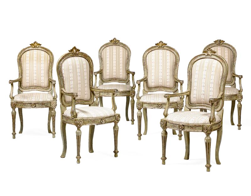Sei poltrone in legno laccato e dorato. XVIII secolo  - Auction Italian Mansions - Cambi Casa d'Aste