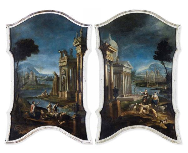 Giovanni Paolo Panini - Paesaggi fluviali con architetture e pastori