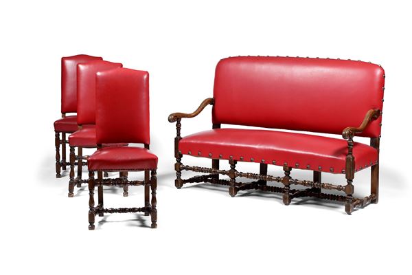 Divano e tre sedie a rocchetto. XVIII-XIX secolo