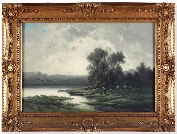 Scuola francese del XIX secolo Paesaggio con lavandaie in riva al fiume