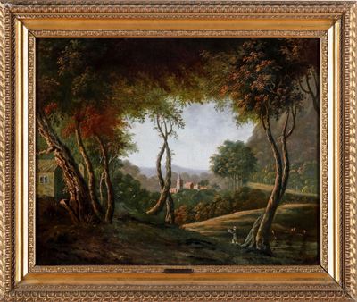 Scuola francese, Paesaggio con villaggio sullo sfondo, olio su tela