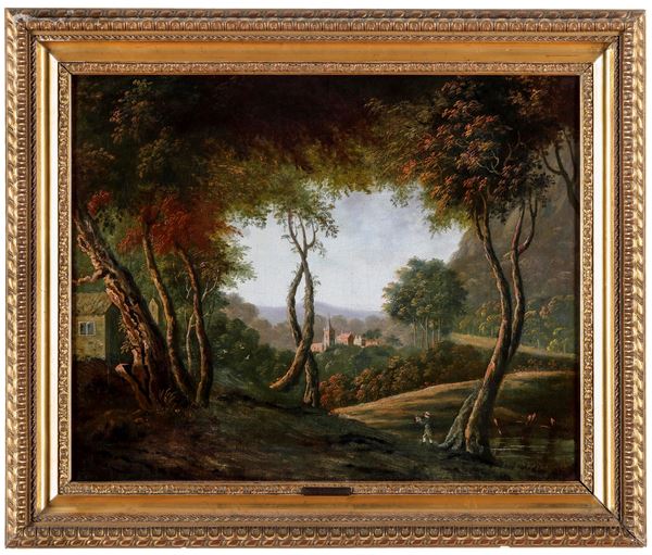 Scuola francese della fine del XVIII-inizi XIX secolo Paesaggio con villaggio sullo sfondo