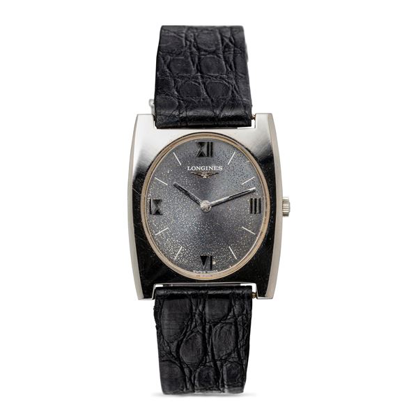 Longines - Refined Tonneau hand-wound yellow gold rhodium-plated white gold wristwatch, slate gray dial and Roman numerals