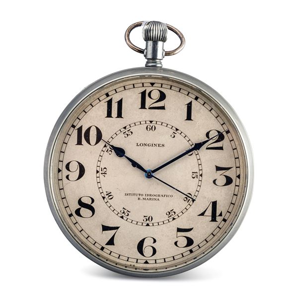 Longines - Rare steel desk chronometer supplied to the Istituto Odrografico Regia Marina Italiana, silver dial with painted black Arabic numerals and internal minuteria, manual winding and hinged bottom with assignment number