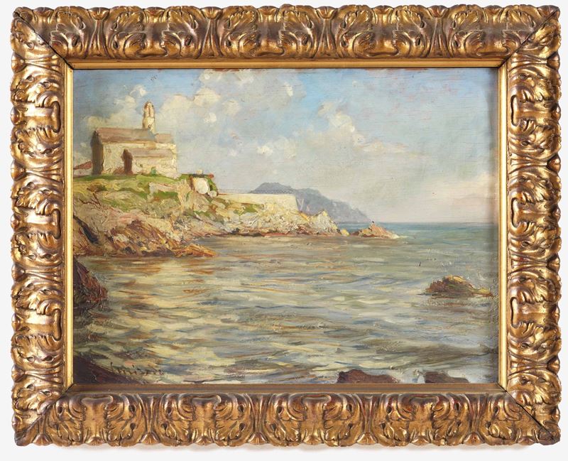 Pittore del XIX-XX secolo Veduta costiera  - olio su tavoletta - Auction Maritime Art - Cambi Casa d'Aste