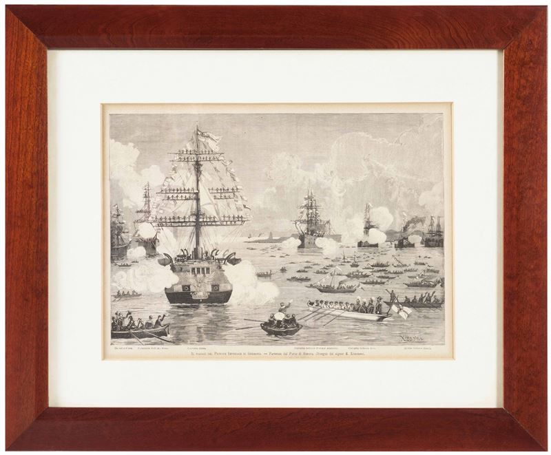 Stampa da disegno di Ximenes Il viaggio del principe imperiale di Germania, partenza dal porto di Genova  - Asta Arte Marinara - Cambi Casa d'Aste