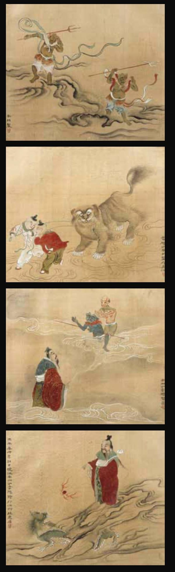 Quattro dipinti su seta con iscrizione, firmato 丁云鹏, Cina, Dinastia Qing, XIX secolo