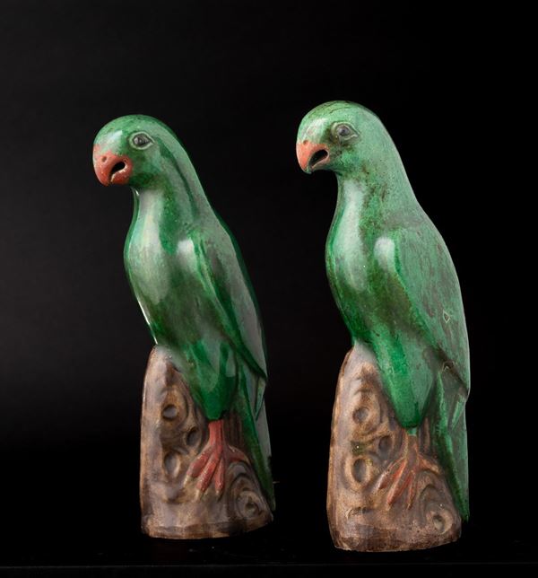 Coppia di pappagalli in porcellana invetriata, Cina, Dinastia Qing, epoca Kangxi (1662-1722)