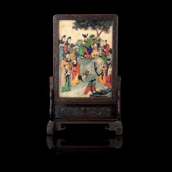 Paravento da tavolo con pietra dipinta fronte e retro a decoro con personaggi e scene di vita comune, Cina, Dinastia Qing, epoca Daoguang (1821-1850)