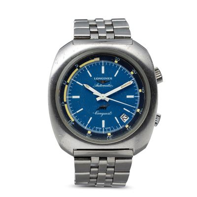 Conquest Automatic in Acciaio Forma Tonneau, Quadrante Blu Elettrico e Doppia Corona, 40x38 MM