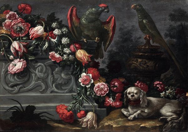 Natura morta con fiori, pappagalli e cagnolino