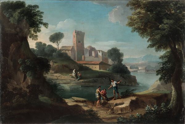 Scuola romana del XVIII secolo Paesaggio fluviale con pescatori e contadini