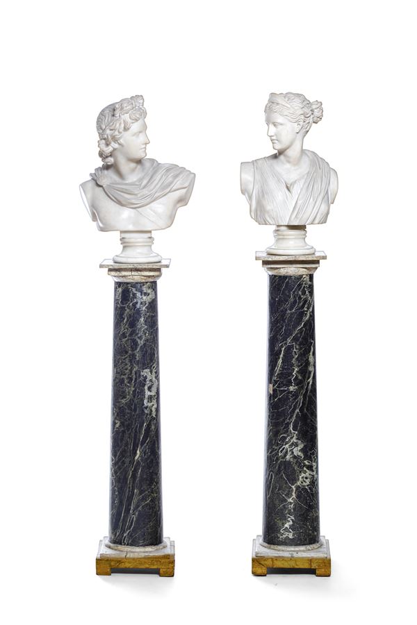 Coppia di busti in marmo raffiguranti l'Apollo del Belvedere e la Venere di Versailles. Arte neoclassica  [..]