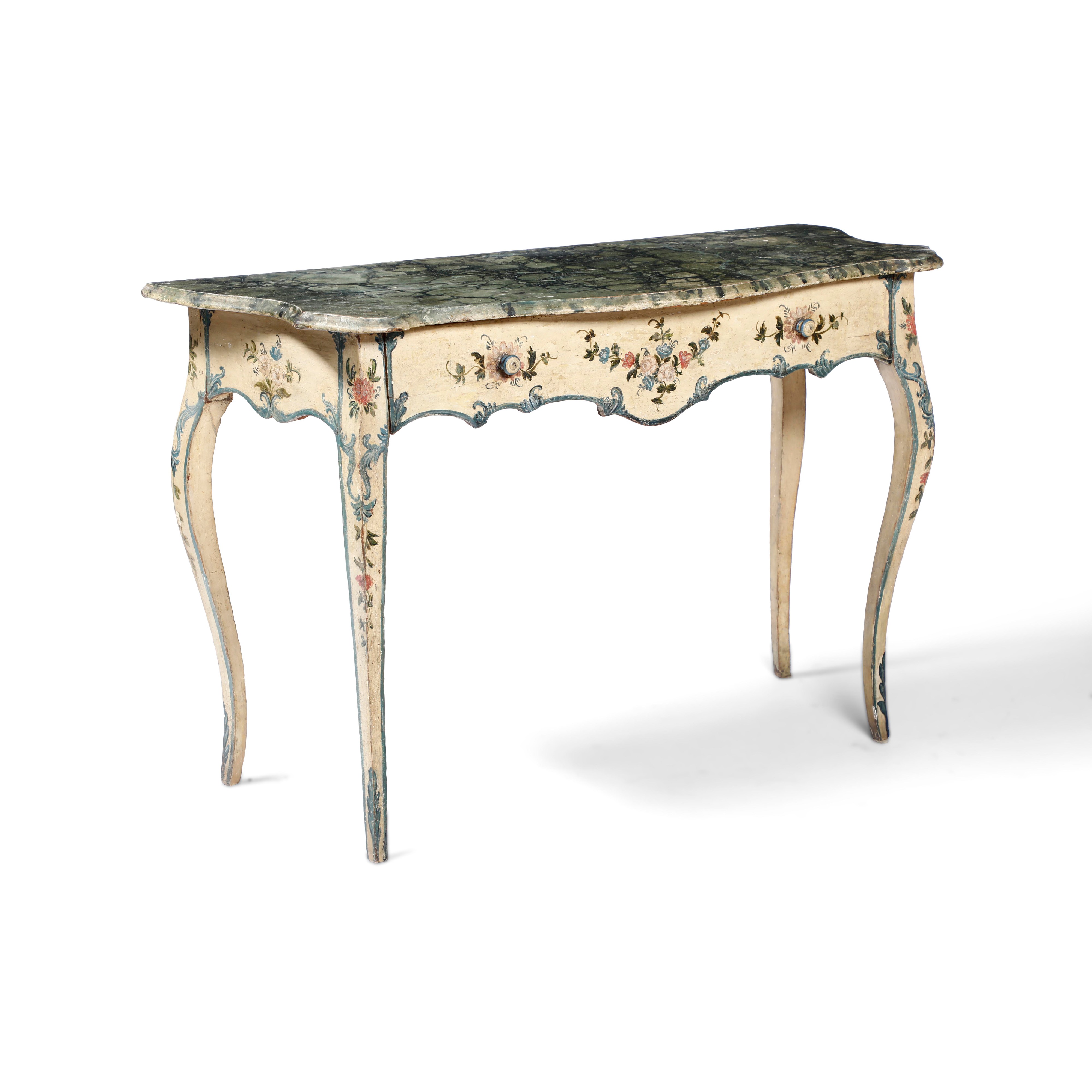 Consolle in Legno Laccato a Motivi Floreali su Fondo Beige, Genova XVIII Secolo