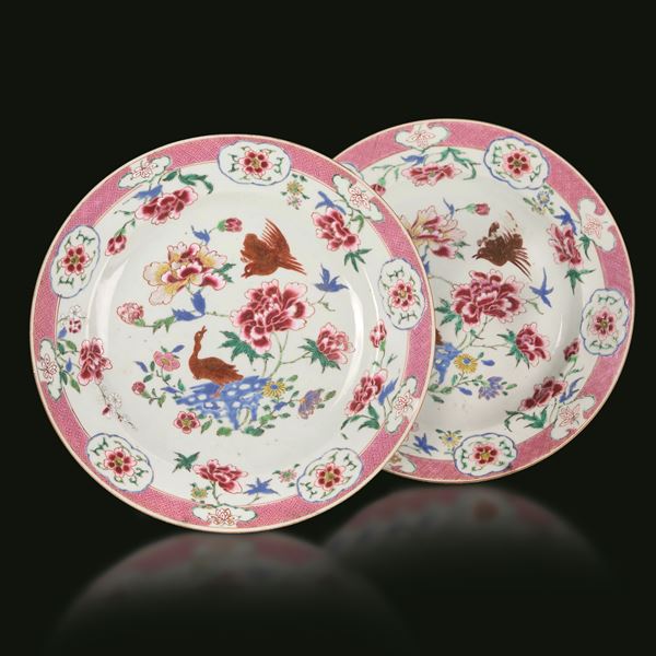 Coppia di piatti in porcellana Famiglia Rosa con soggetto naturalistico centrale e soggetti floreali entro riserve, Cina, Dinastia Qing, epoca Qianlong (1736-1796)