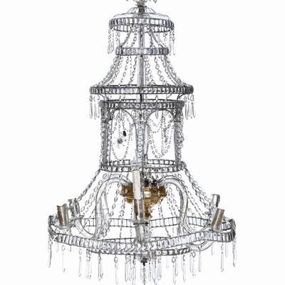 Lampadario a Mongolfiera in Metallo e Cristalli. XIX-XX Secolo