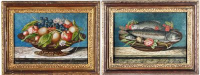 Nature morte con pesci e frutti, tempera su pergamena