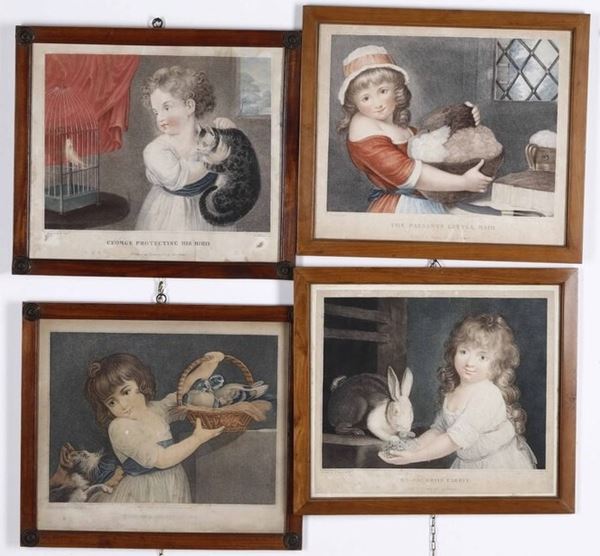 Serie di quattro stampe raffiguranti bambine e bambini con animali. Inghilterra xIX-XX secolo