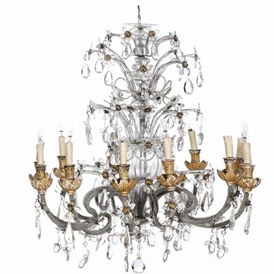 Lampadario in Ferro e Vetro, Bobeche in Legno Intagliato e Dorato. XIX Secolo