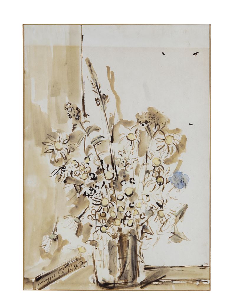 Filippo De Pisis : Vaso di fiori, 1952  - acquerello su carta - Asta Dimore Italiane - Cambi Casa d'Aste