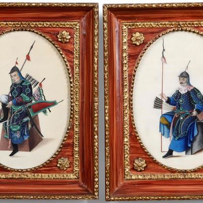 Due Dipinti Raffigurante Arciere su Carta di Riso, Cina, Dinastia Qing, XIX Secolo