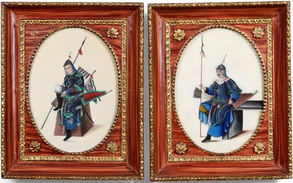 Due dipinti raffigurante arciere su carta di riso, Cina, Dinastia Qing, XIX secolo