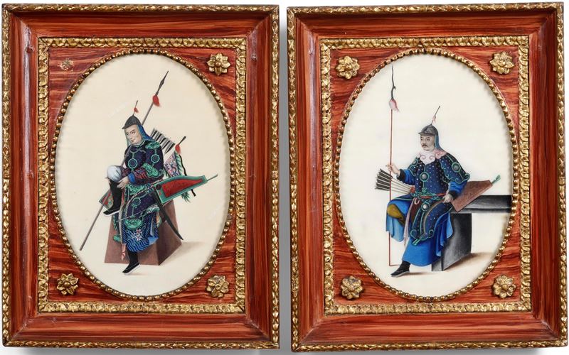 Due dipinti raffigurante arciere su carta di riso, Cina, Dinastia Qing, XIX secolo  - Asta Dimore Italiane - Cambi Casa d'Aste