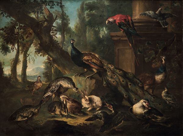 Angelo Maria Crivelli detto il Crivellone - Veduta di giardino con pavone, pappagallo e conigli