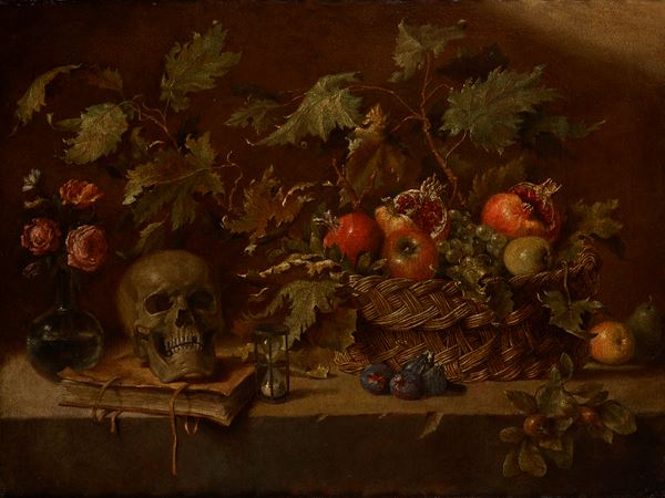 Maestro della natura morta Acquavella (attivo a Roma nella prima metà del XVII secolo) Natura morta con canestra di frutta e vanitas