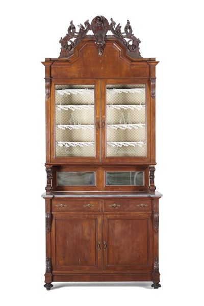 Credenza a Doppio Corpo con Alzata a Due Ante a Vetri. XX Secolo