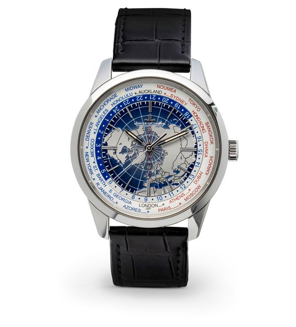 Jaeger-LeCoultre - Complicato orologio da polso Geophysique Worldtime in acciaio automatico, 24 fusi orari, quadrante con emisfero boreale, accompagnato da scatola e garanzia