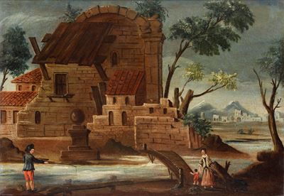 Scuola marchigiana del XVIII secolo, Veduta fluviale con case, rovine e viandanti, olio su tela