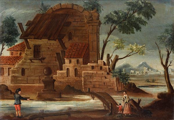 Scuola marchigiana del XVIII secolo Veduta fluviale con case, rovine e viandanti