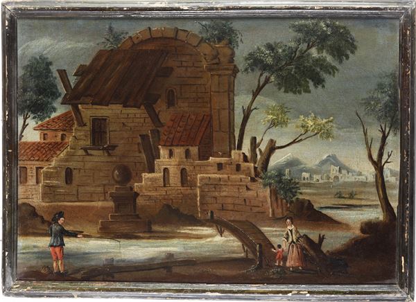 Scuola marchigiana del XVIII secolo Veduta fluviale con case, rovine e viandanti