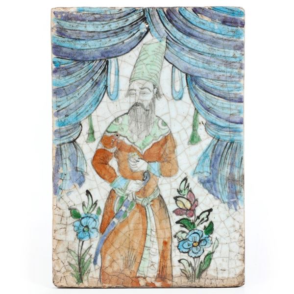 Targa raffigurante dignitario con spada. Persia, XIX o inizio XX secolo.