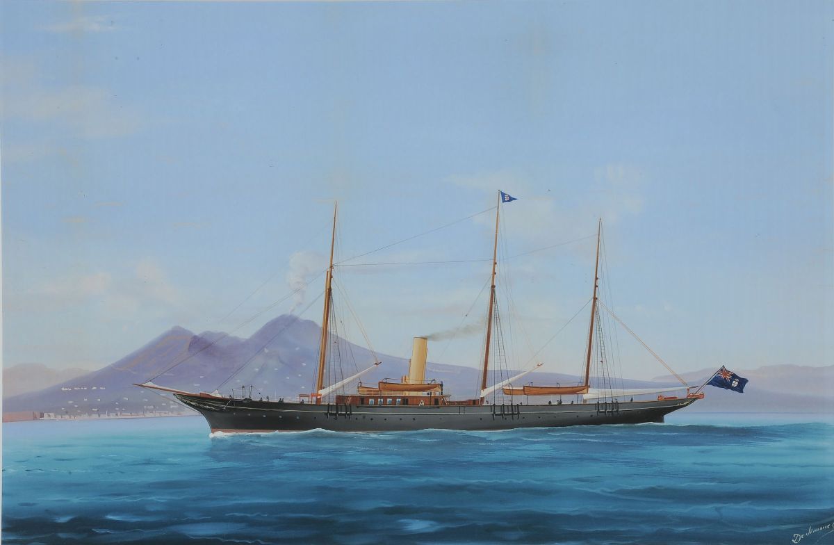 Antonio De Simone (1851-1907)ritratto di Steam Yacht a Tre Alberi Miranda nella Baia di Napoli Ri...