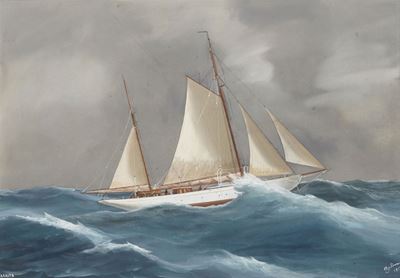 Antonio De Simone (1851-1907)ritratto dello Yawl Americano Xarifa nella Baia di Napoli Ritratto d...