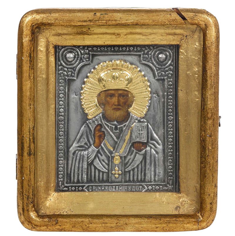 Icona raffigurante San Nicola il Taumaturgo. Russia, XIX secolo  - Asta Argenti da Collezione | Antichi - I - Cambi Casa d'Aste