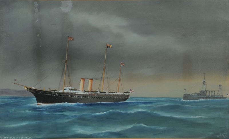 Antonio De Simone : Antonio De Simone (1851-1907) Ritratto dello Royal Yacht Victoria and Albert in navigazione sotto scorta  - Asta Arte Marinara e Strumenti Scientifici - Cambi Casa d'Aste