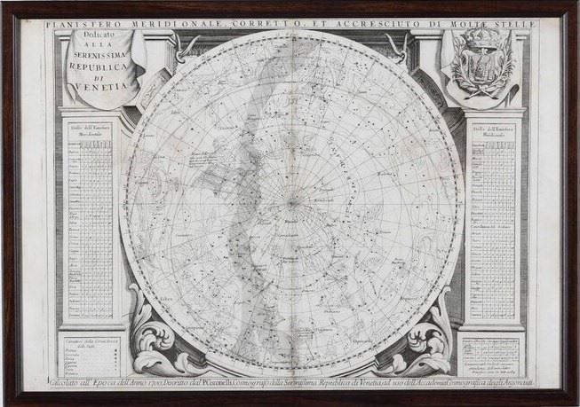Coronelli Vincenzo Maria Planisfero meridionale corretto et accresciuto di molte stelle descritto dal padre Coronelli, cosmografo della serenissima Repubblica di Venezia, ad uso dell’Accademia Cosmografica degli Argonauti, Venezia, fine secolo XVII inizi secolo XVIII.  - Auction Antique and rare books, Prints, Views and Maps - Cambi Casa d'Aste