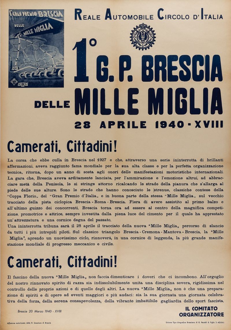 Freeman : 1° G.P. Brescia - Mille Miglia 1940.  - Auction POP Culture and Vintage Posters - Cambi Casa d'Aste