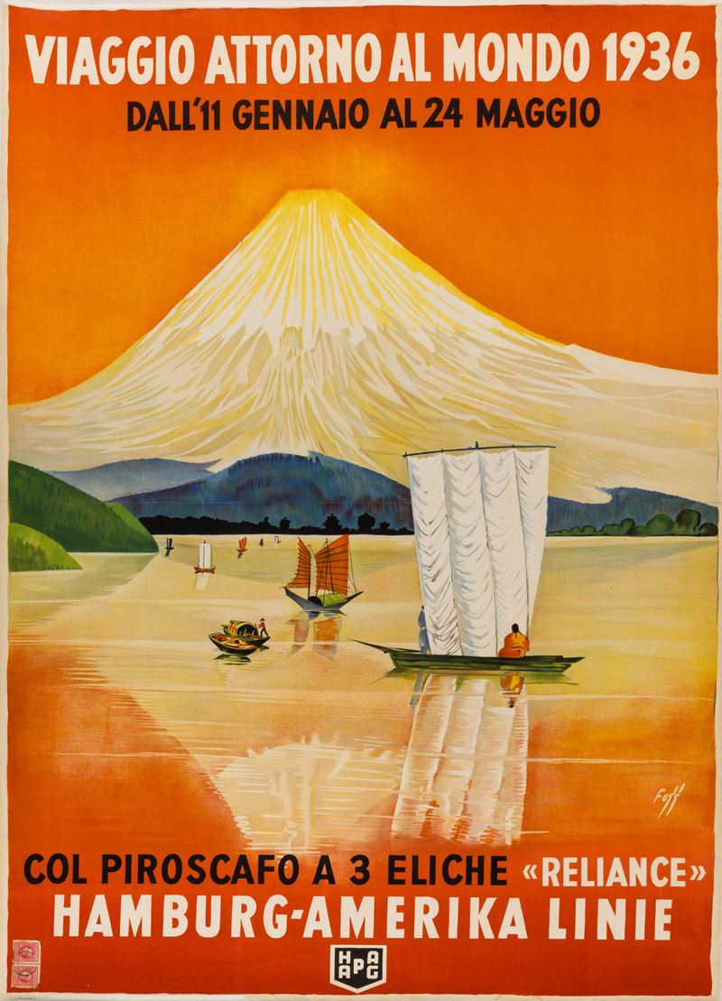 Artista non identificato : Viaggio Attorno al Mondo 1936 ( Monte Fuji - Giappone) - Hamburg Amerika Linie HAPAG.  - Auction POP Culture and Vintage Posters - Cambi Casa d'Aste