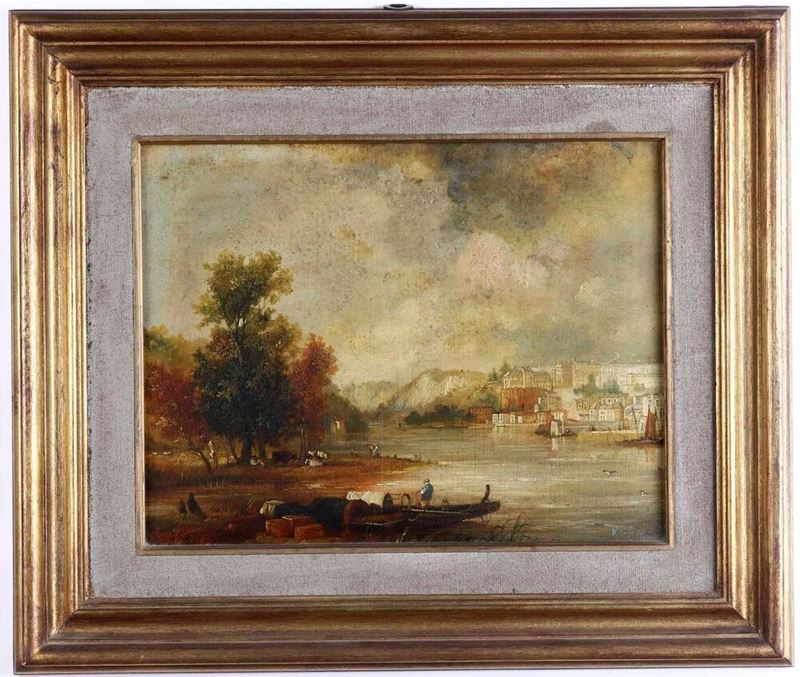 Ignoto pittore nordico Paesaggio con città  - olio su tavoletta - Asta Dipinti del XIX-XX secolo - Cambi Casa d'Aste