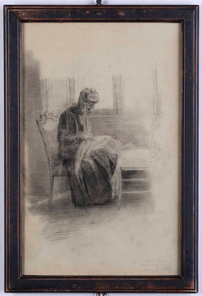 Paolo De Gaufridy : Donna che cuce  - disegno su carta - Asta Dipinti del XIX-XX secolo - Cambi Casa d'Aste