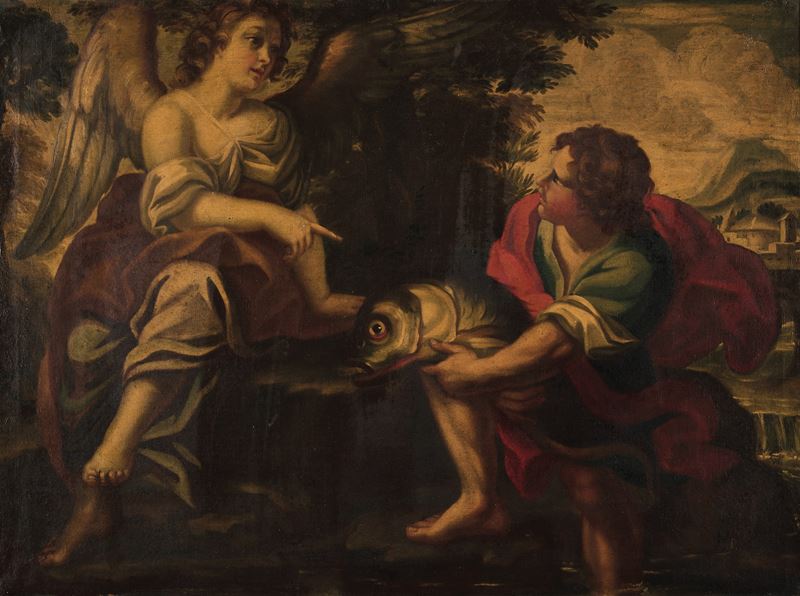 Scuola del XVII secolo Tobiolo e l’angelo  - olio su tela - Asta Pittura Antica - Cambi Casa d'Aste