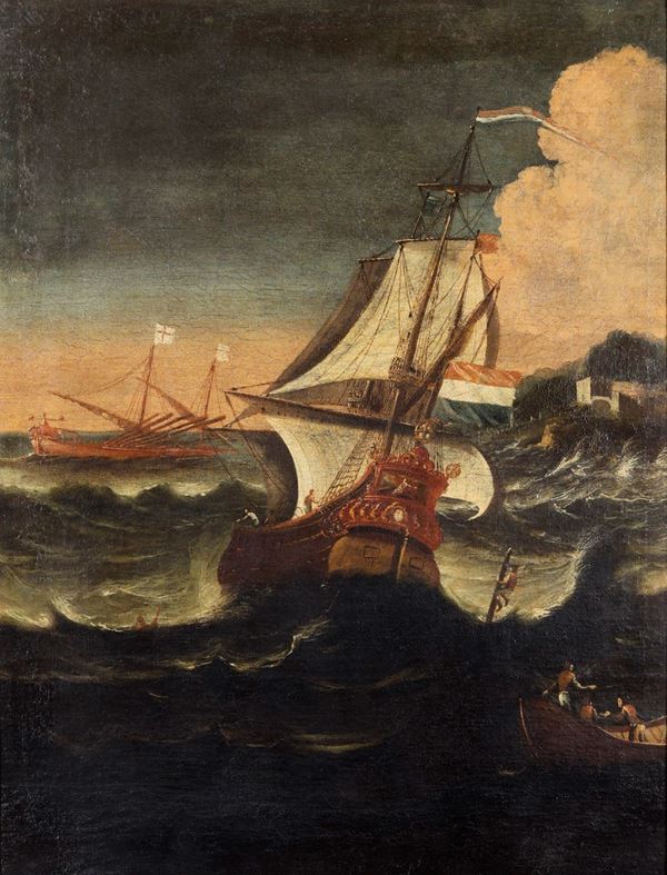 Scuola del XVIII secolo Marina in tempesta con imbarcazioni