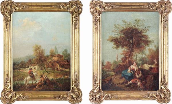 Scuola veneta del XVIII secolo Paesaggi con pastori e contadini