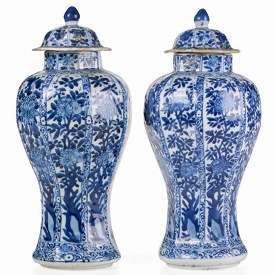 Coppia di Potiches a Sezione Esagonale e Decori Floreali in Porcellana Bianca e Blu, Cina, Dinast...